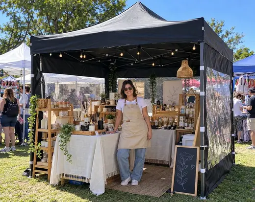 Emprendedora con su puesto de feria bajo un gazebo negro